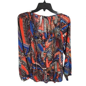 {NY Collection} Women's Abstract Print Long Sleeve Button Down Blouse - Size S